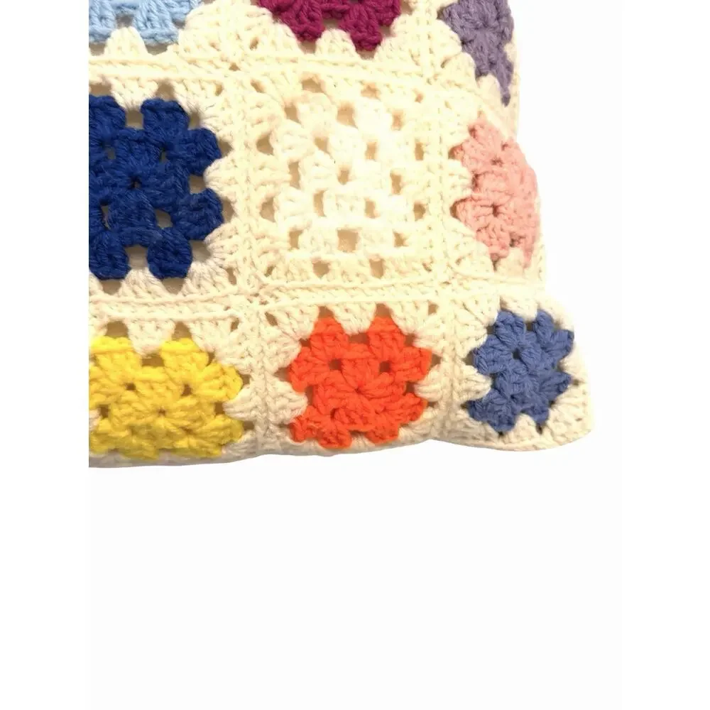 Vintage Granny Square Crochet Throw Pillow Floral Multi Colors Grannycore 16”